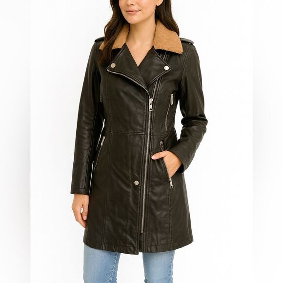 Blank NYC Black Oversized Long Length Sherpa Collar Leather Jacket Sz S NWT
